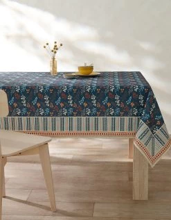 Nappe Fabriquée En France, Motif Fleuri Indian Fond Bleu - Coton Biologique(1)