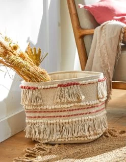 Panier Tissé Coton Blanc Cassé / Corail