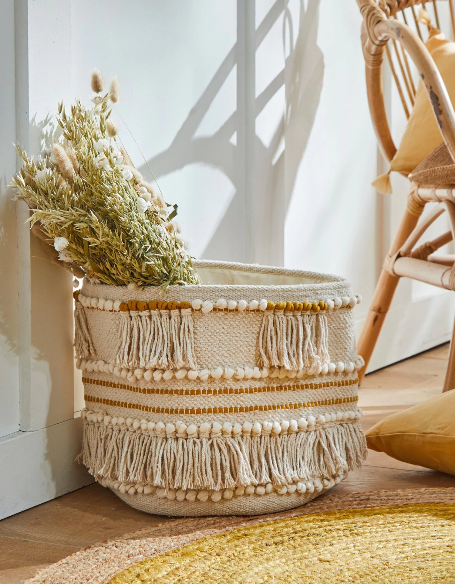 Panier Tissé Coton Blanc Cassé / Moutarde