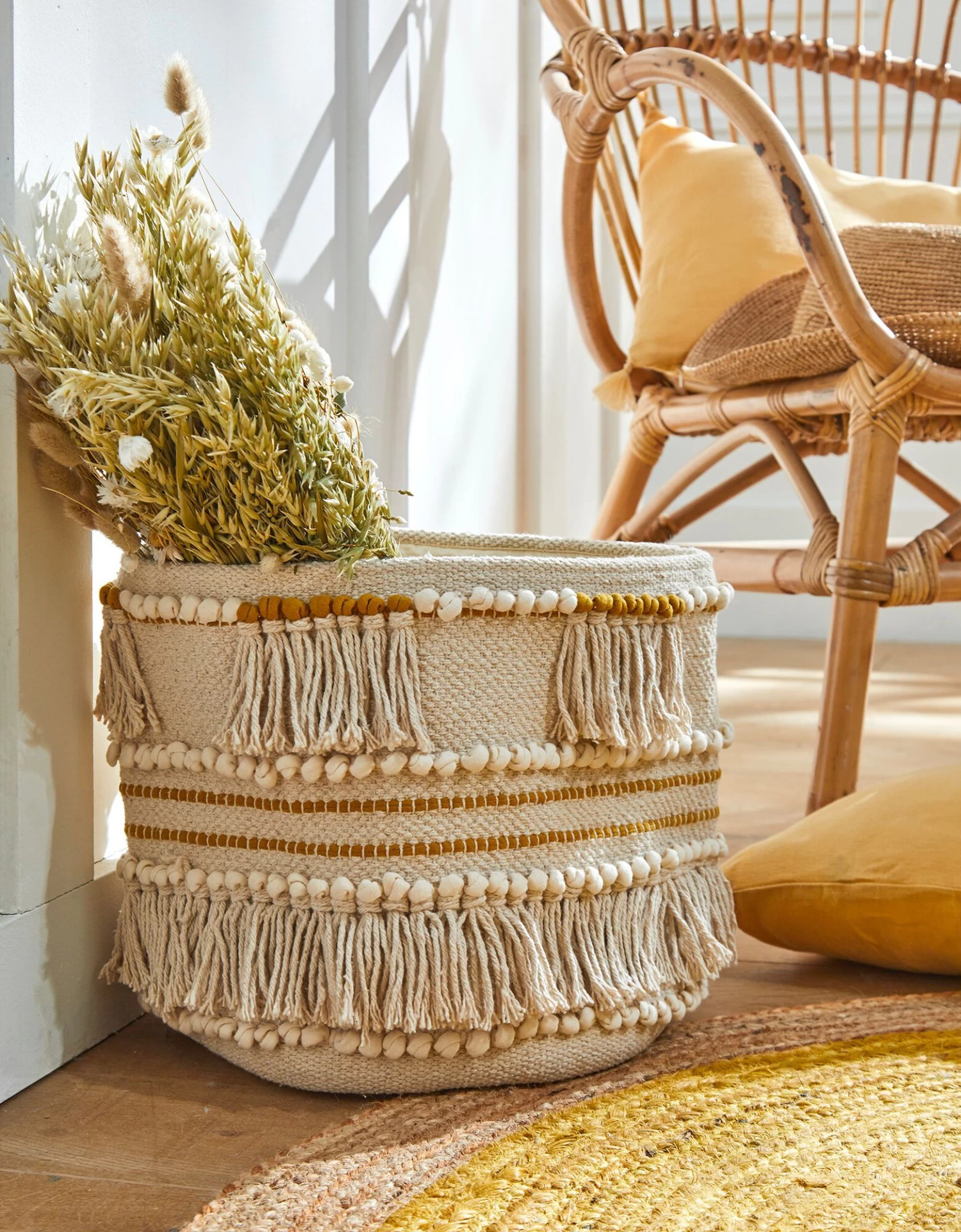 Panier Tissé Coton Blanc Cassé / Moutarde – Image 2