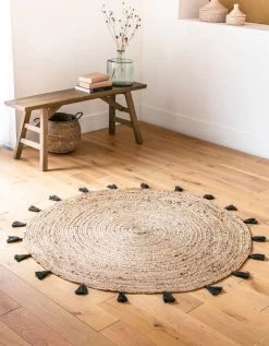 Tapis Rond En Jute Avec Pompons De Couleur