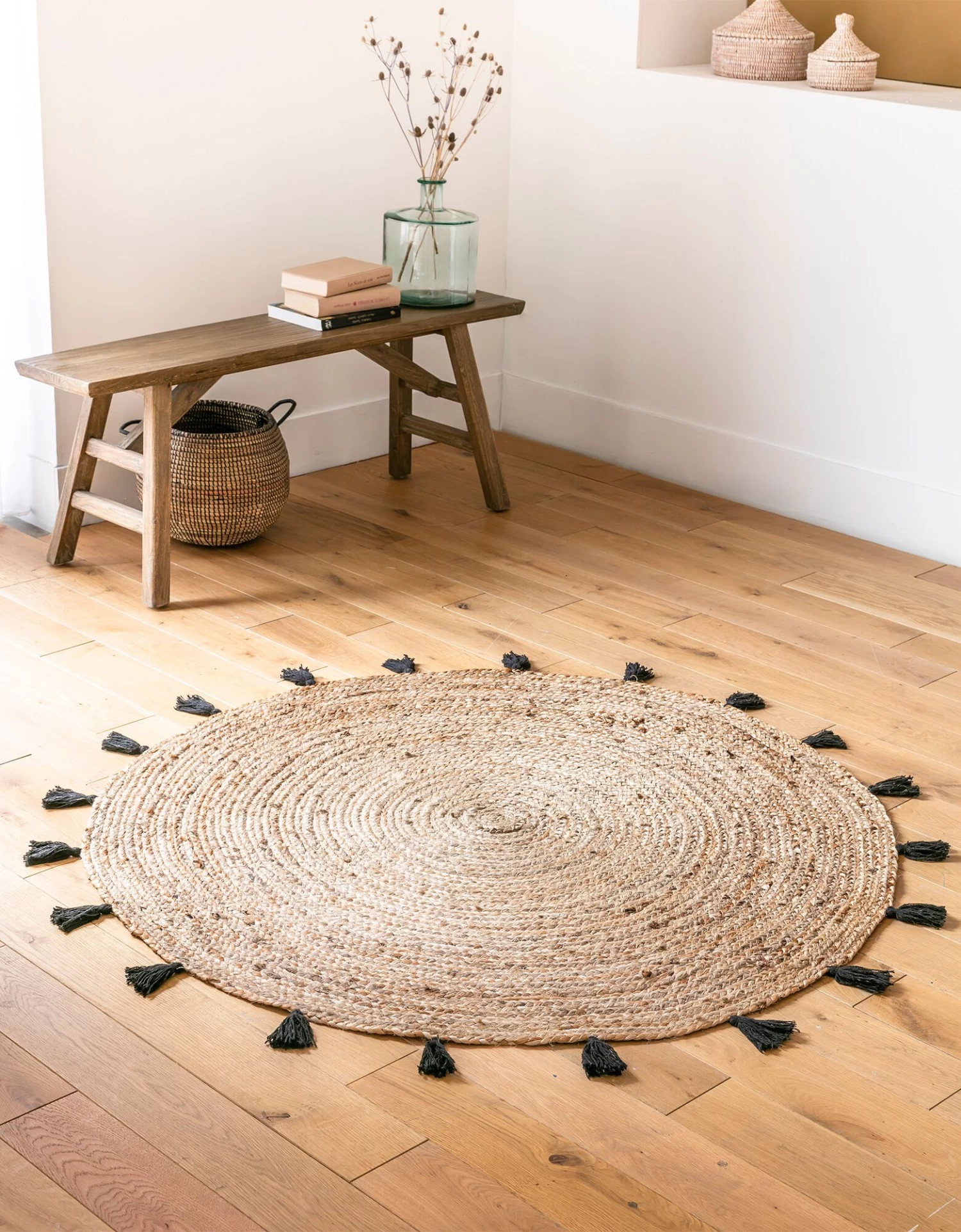 Tapis Rond En Jute Avec Pompons De Couleur