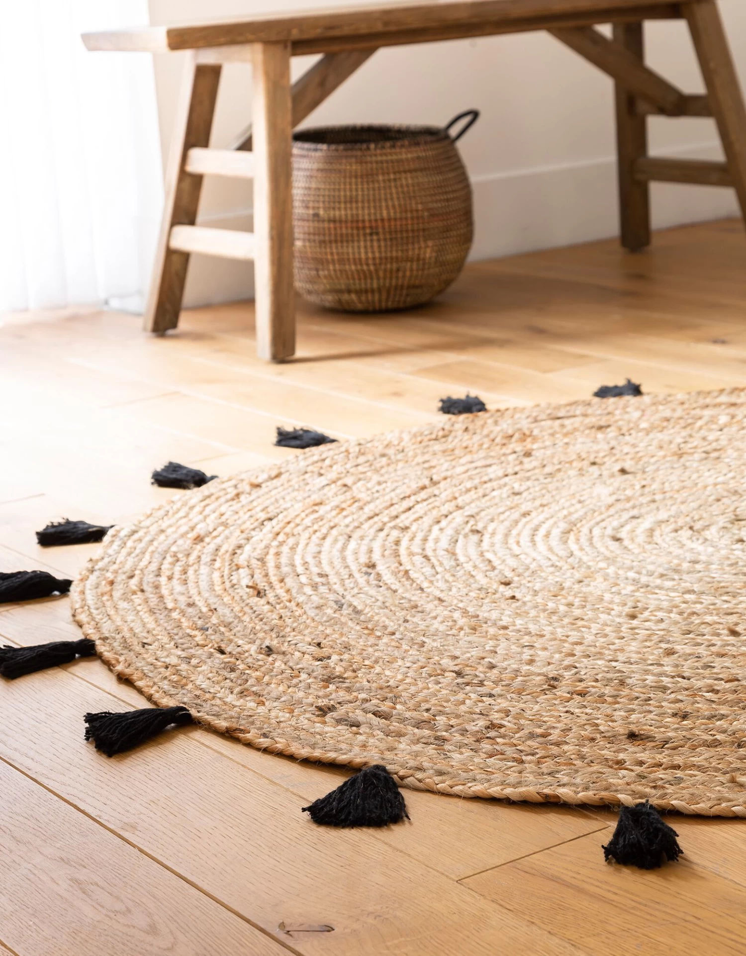 Tapis Rond En Jute Avec Pompons De Couleur – Image 2