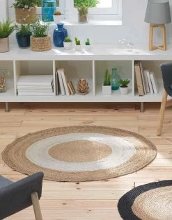 Tapis Rond Bicolore Blanc En Jute
