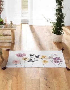 Tapis Rectangulaire Finition Pompons, Imprimé Fleurs