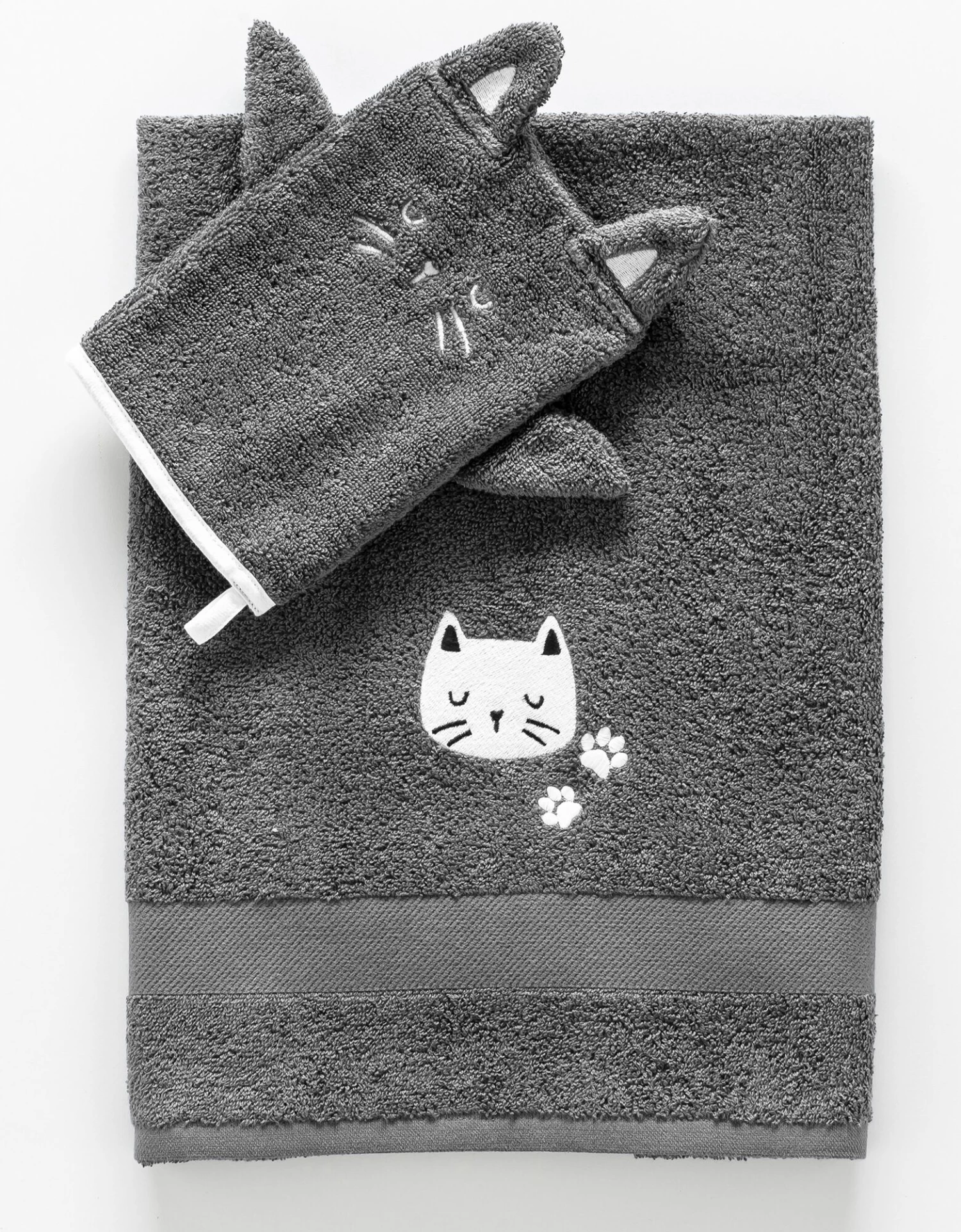 Collection éponge Enfant Brodée Chat Coton - 380 G/m2