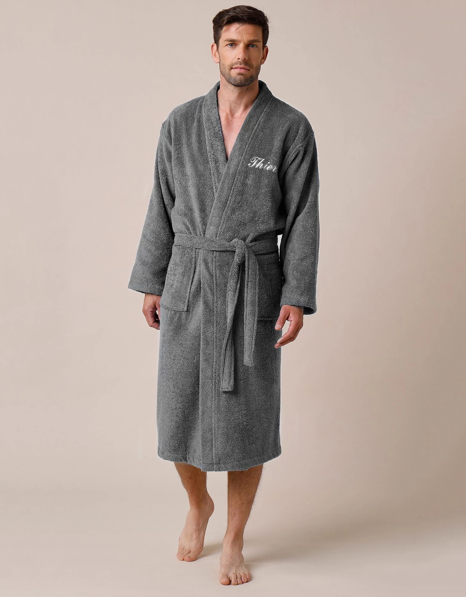 Peignoir Mixte Adulte Uni Coton éponge Bouclette Col Kimono Personnalisé – Image 4