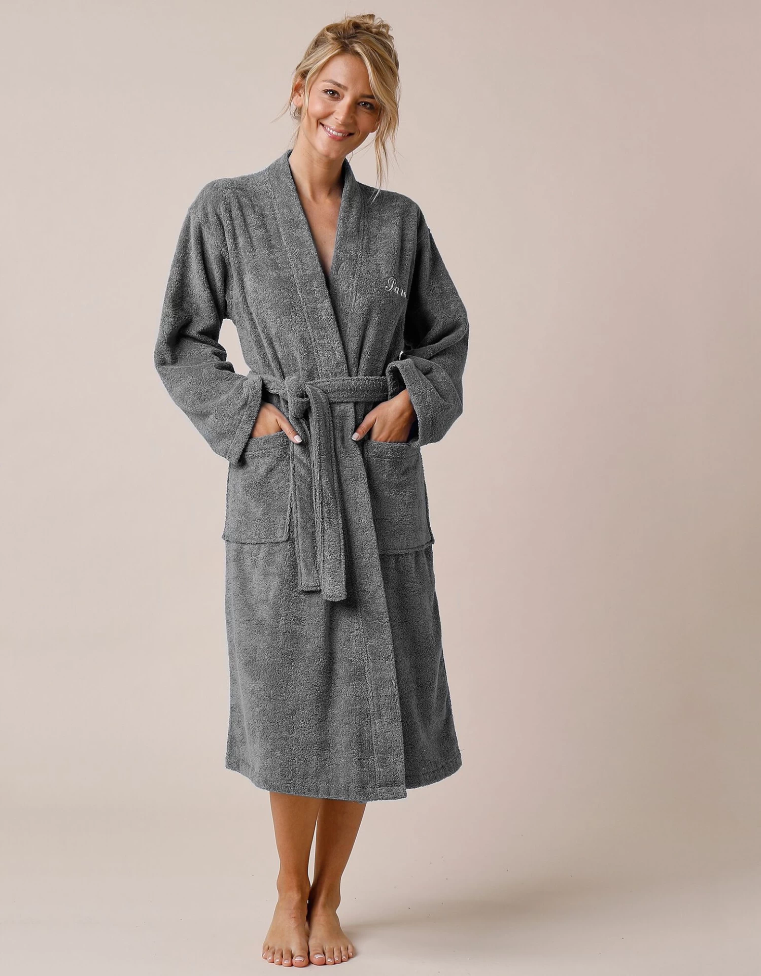 Peignoir Mixte Adulte Uni Coton éponge Bouclette Col Kimono Personnalisé – Image 6