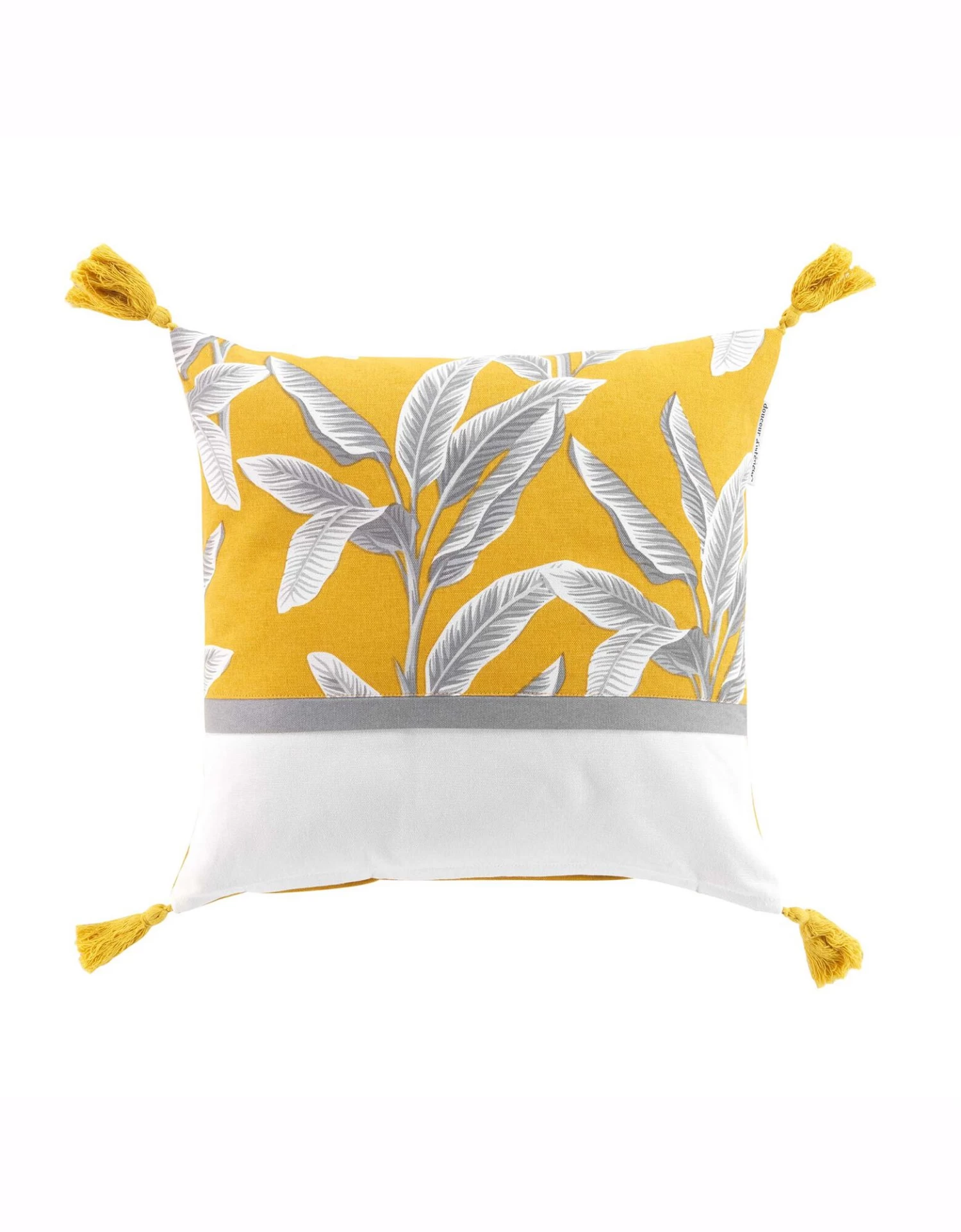 Coussin Bicolore Imprimé Feuillage Pompons