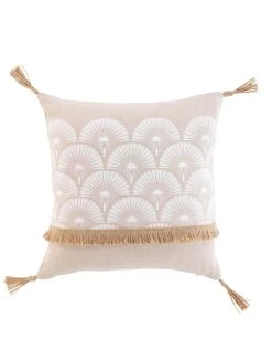 Coussin Imprimé Frange Et Pompons En Jute